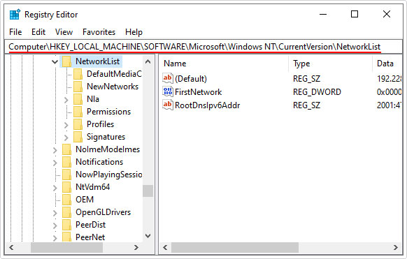 registry editor path HKEY_LOCAL_MACHINE\SOFTWARE\Microsoft\WindowsNT\CurrentVersion\NetworkList\