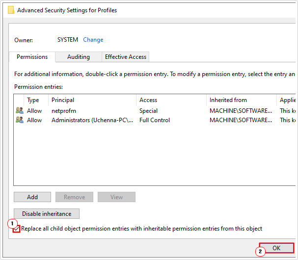 enable Replace all child object permission entries in advanced permissions screen