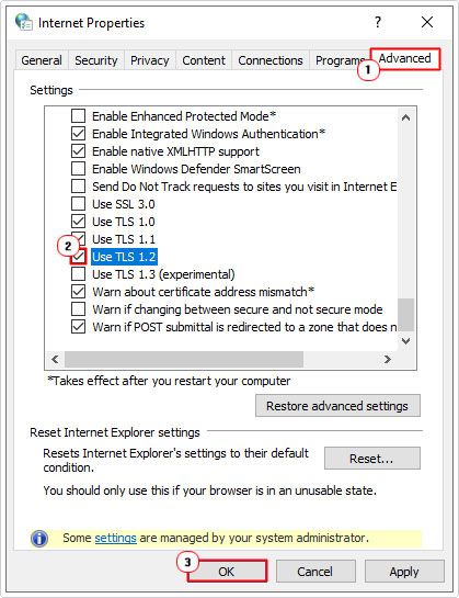 enabled TLS 1.2 in advanced settings for internet options
