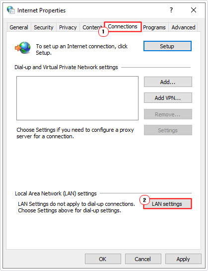 access lan settings from internet options connection tab