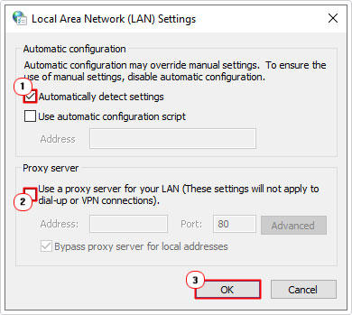 set lan settings to automatic and disable proxy server