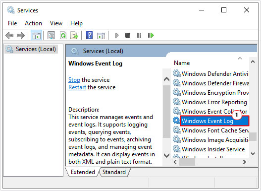 open Windows Event Log in services