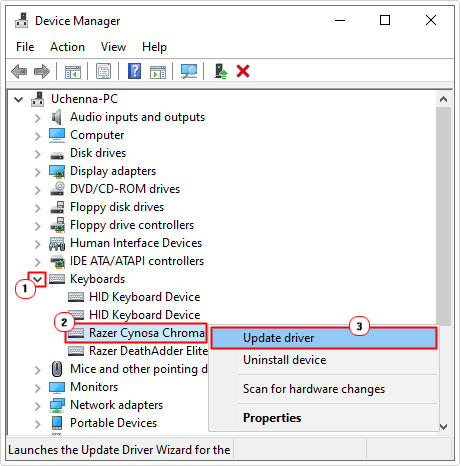 select device to update in device manager