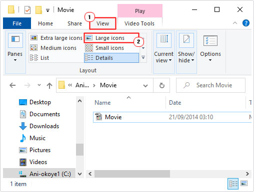 switch to large icons view in folder