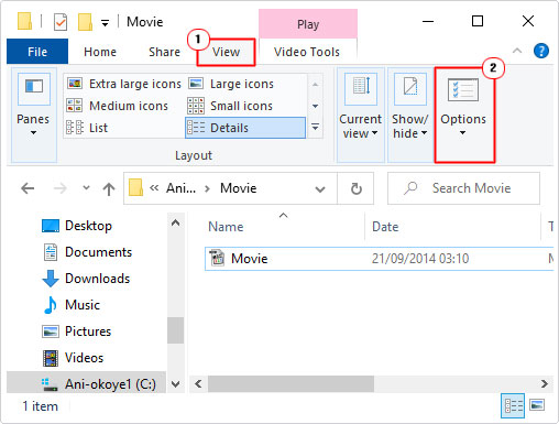 open folder options for folder