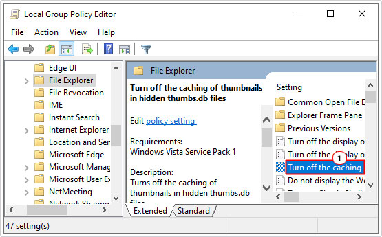 open thumbs.db option in group policy editor