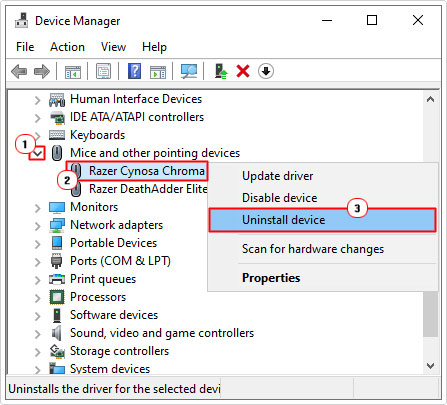 remove mouse drivers in device manager