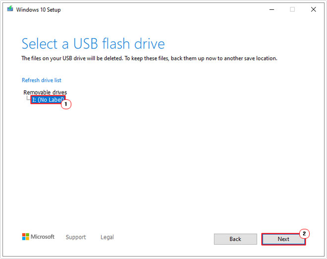 select the usb flash drive to install windows on