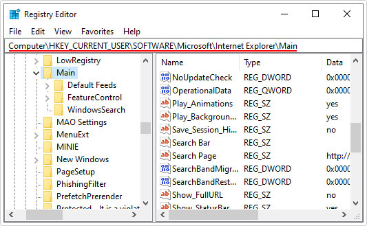visit HKEY_CURRENT_USER\Software\Microsoft\Internet Explorer\Main in registry editor