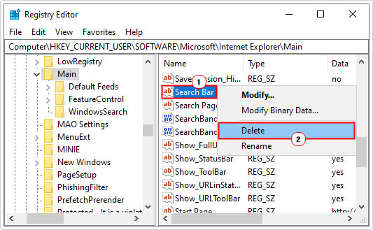 delete search bar value in registry editor