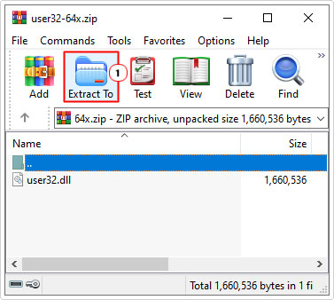 Click on Extract to in winrar to extract user32.dll file