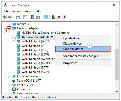 device manager -> nic card -> uninstall device