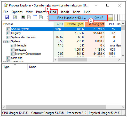 open process explorer search