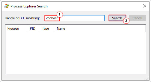 search for conhost in process explorer search