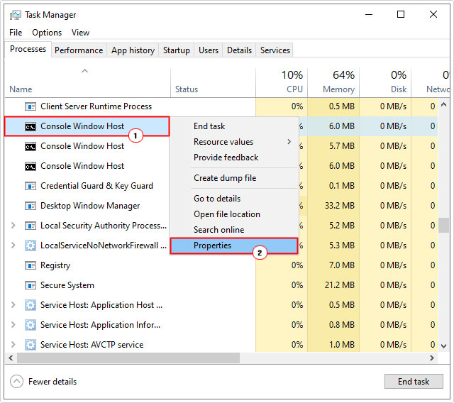select properties of conhost in Windows Task Manager