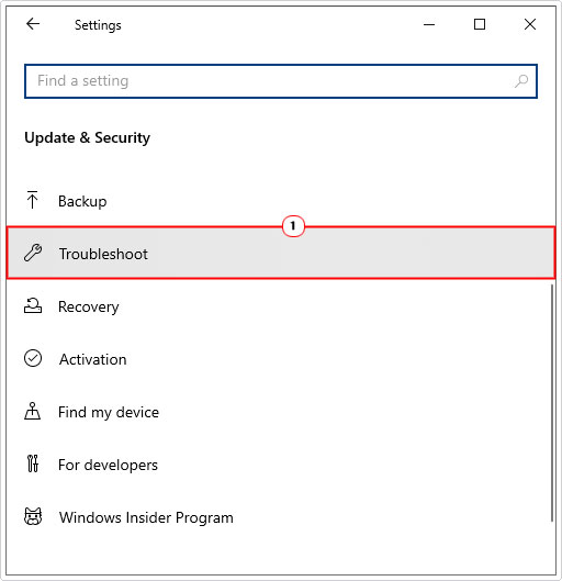 select troubleshoot from update and security