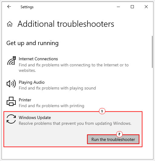 click on windows update then Run the troubleshooter from additional troubleshooters