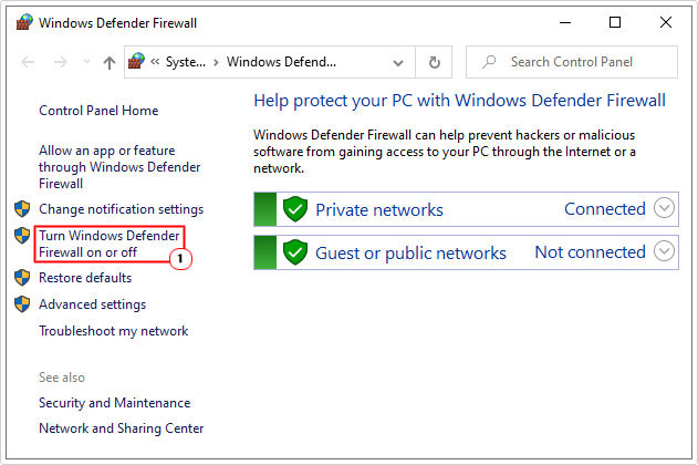 click on turn firewall on or off in windows firewall screen