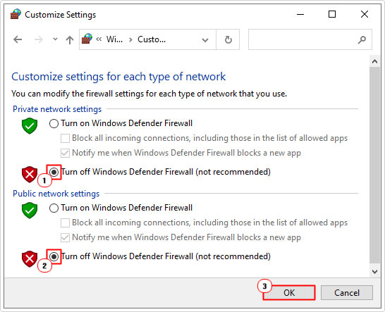 disable windows firewall for both local and private networks
