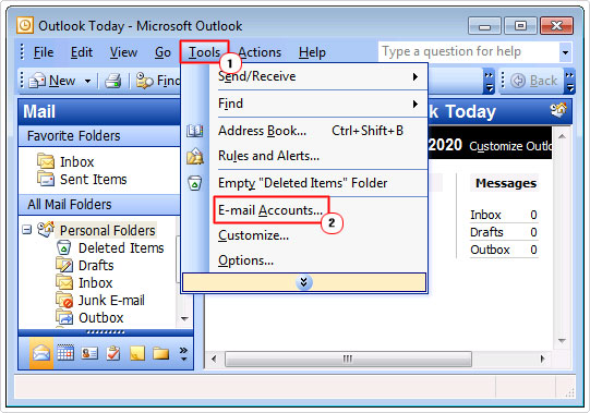 open email accounts in outlook