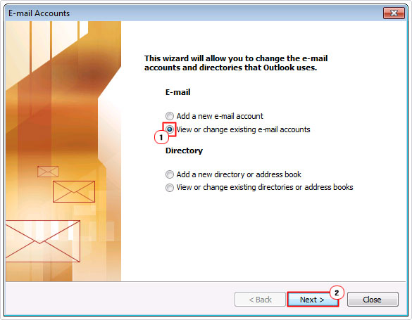 click on existing email accounts, then next