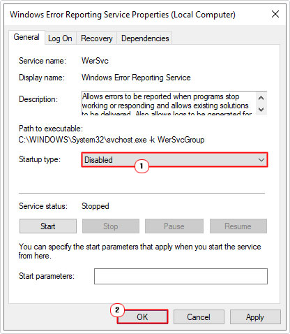 select disabled in startup type for Windows Error Reporting Service