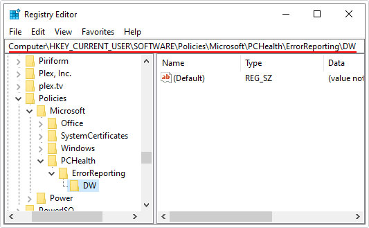 go to registry path HKEY_CURRENT_USER\Software\Policies\Microsoft\PCHealth\ErrorReporting\DW