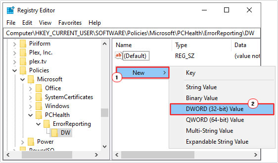 create a DWORD (32-bit) Value in registry path