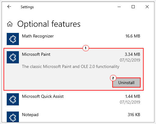uninstall Microsoft Paint in windows