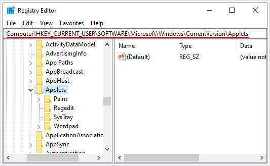 go to registry path HKEY_CURRENT_USER\Software\Microsoft\Windows\Current Version\Applets\