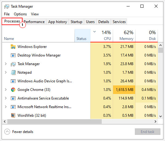 check processes in task manager