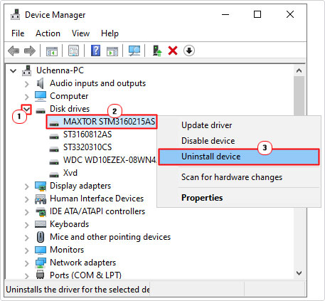 uninstall hard drive in device manager
