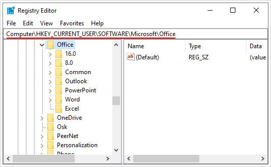 go to registry directory HKEY_CURRENT_USER\Software\Microsoft\Office