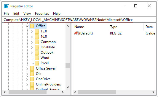 go to registry directory HKEY_LOCAL_MACHINE\SOFTWARE\Wow6432Node\Microsoft\Office