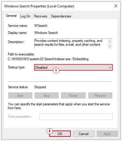 set Startup type to disabled in windows search