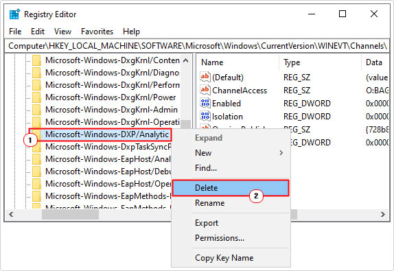 delete Microsoft-Windows-DxpTaskRingtone/Analytic in registry edito