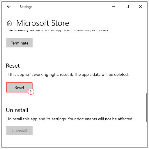 click on the reset button for Microsoft store