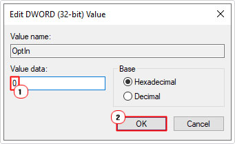 select Optin value data to 0