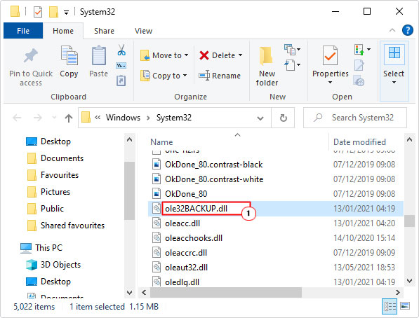 rename ole32.dll to ole32BACKUP.dll in system32 folder