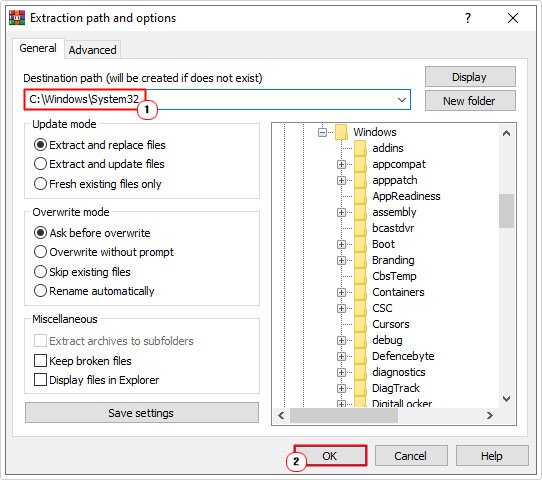 extract file to system32 folder