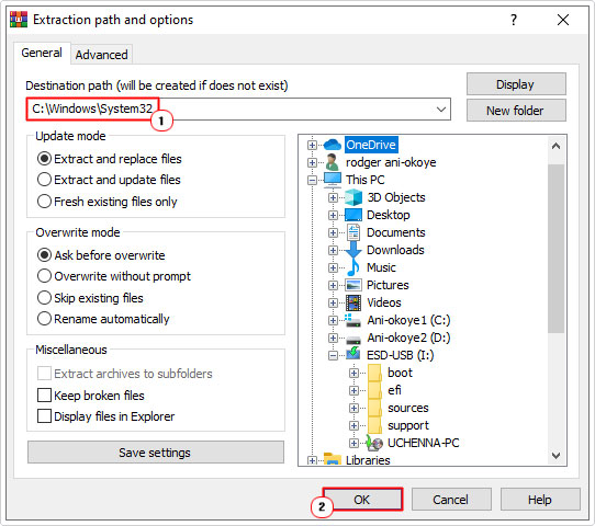 extract oleaut32.dll to system32 folder using winrar