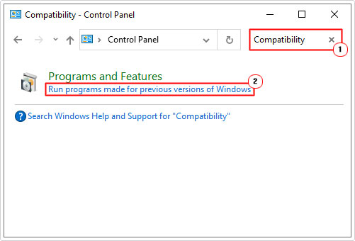 search for Compatibility troubleshooter in control panel