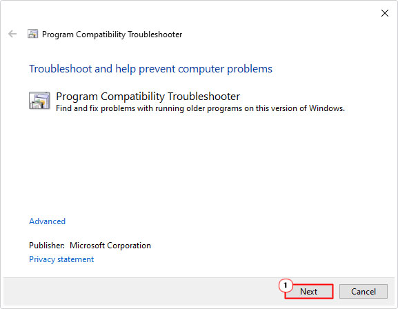 click on next in Compatibility Troubleshooter