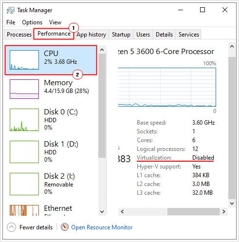 check if Virtualization is enabled in task manager