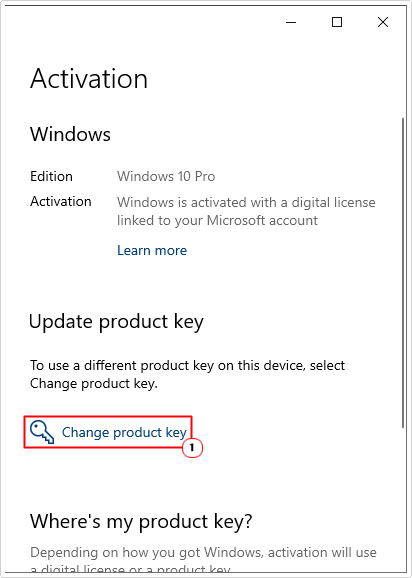 click on Change product key in windows activation menu
