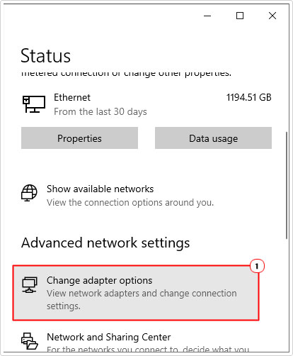 click on Change adaptor options in network and internet