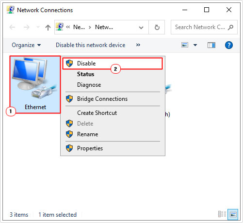 disable Ethernet in network connections