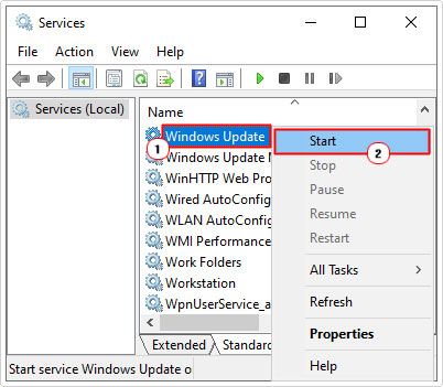 start windows update in services