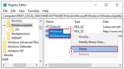 delete WUServer and WUStatusServer in windows update registry path