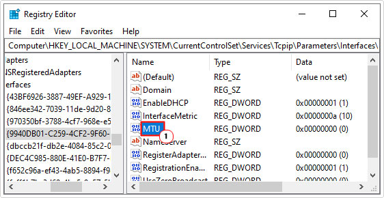 double click on MTU in registry path